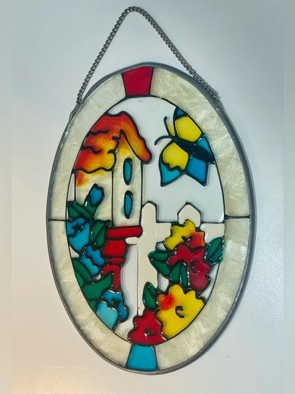 Faux Stained Glass Birdhouse & Butterfly Oval Suncatcher